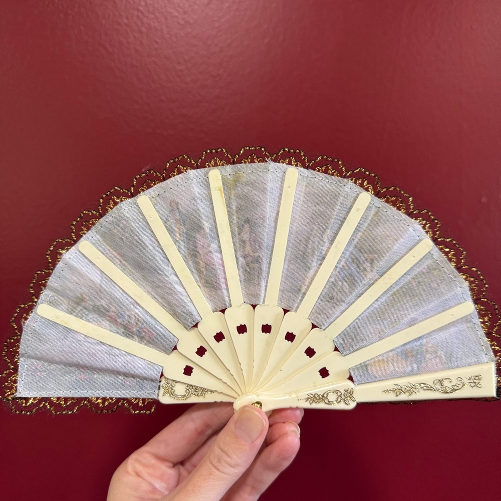 Vintage Decorative Hand Fan with Lace and Victorian Artwork - Picture 2 of 6
